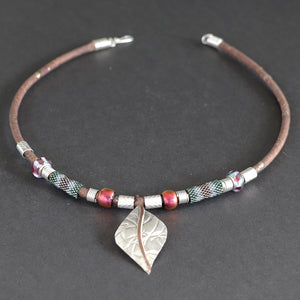 Cord Necklace, Beaded Elements with Silver Leaf Pendant