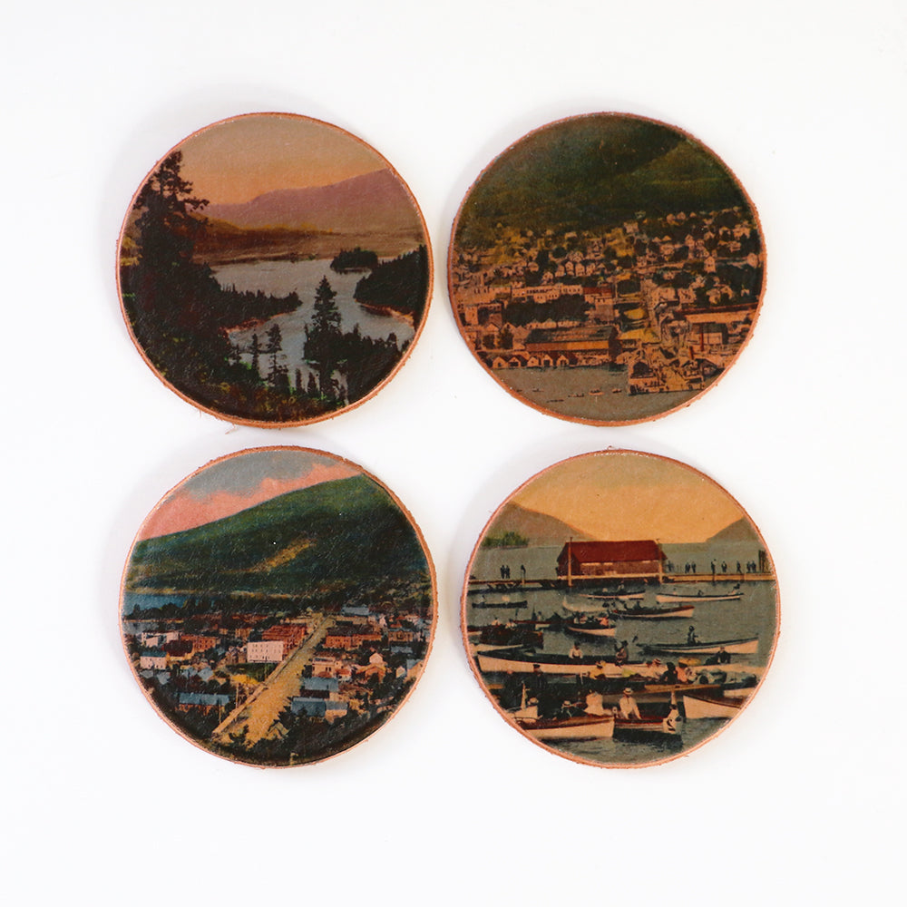 Leather coaster with images from the Touchstones Nelson Archive