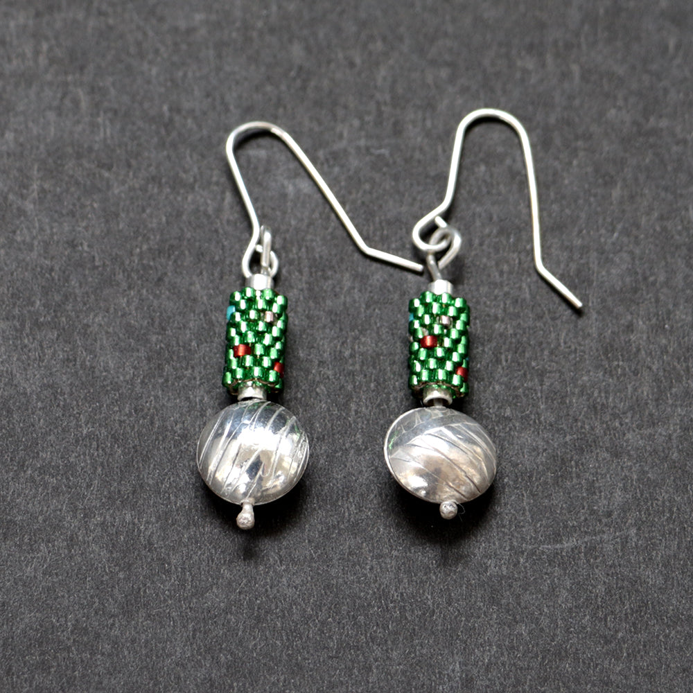 Earrings, Silver with Green Delica Beads